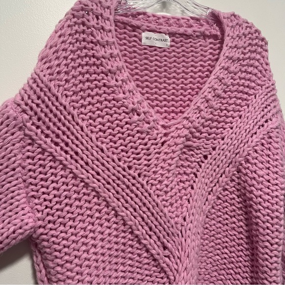 Self Contrast Anthropologie Chunky Knit V Neck Sweater Oversized Pink Small - Picture 3 of 11